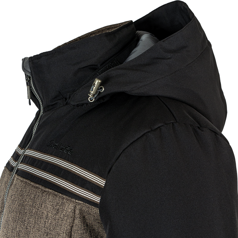 44710- Manteau d'hiver Collegiate pour femme, Taupe-noir, détail du capuchon ajustable et de la mentonnière
