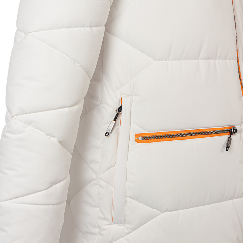 44768-Manteau d'hiver Nest pour femme, Blanc-orange, détail poche réchauffe-main avec fermeture éclair