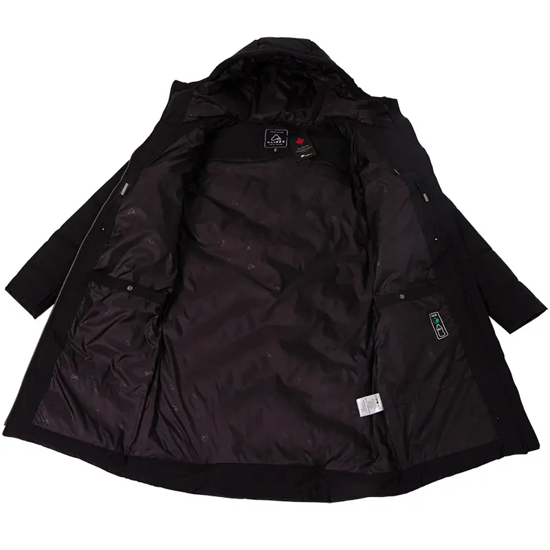 44752-Manteau d'hiver long COSMO, noir, détail des 4 poches intérieures et logo bouteilles recyclées