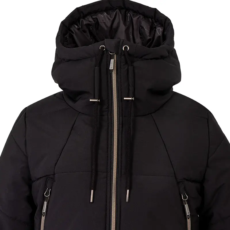 44752-Manteau d'hiver long COSMO, noir, détail du capuchon et des poches poitrine