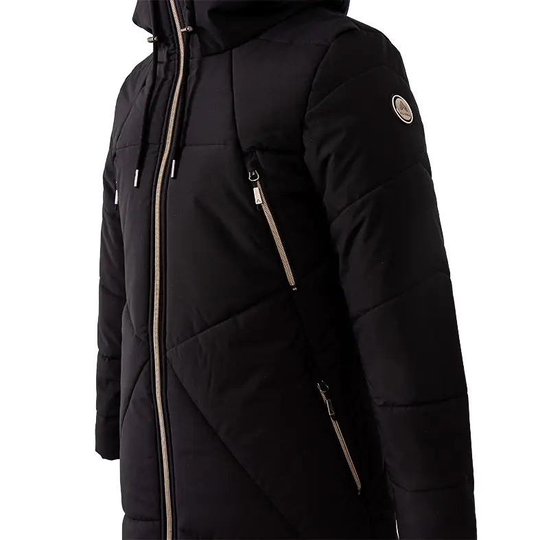 44752-Manteau d'hiver long COSMO, noir, détails des poches réchauffe-main avec fermeture éclair