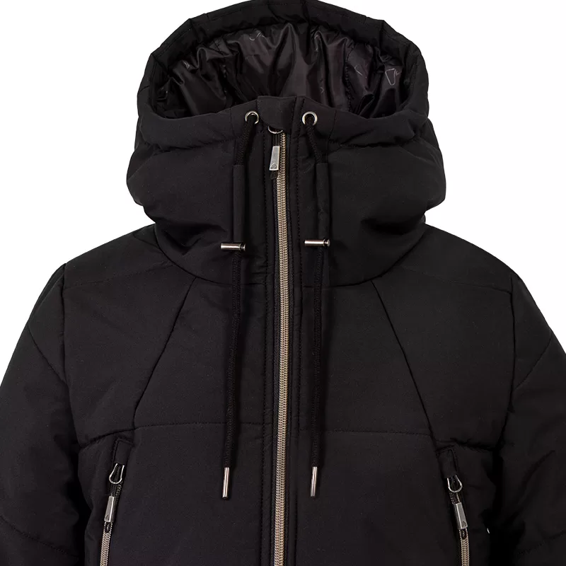 44752 COSMO long winter coat plus size, black, detail of the adjustable insulated hood