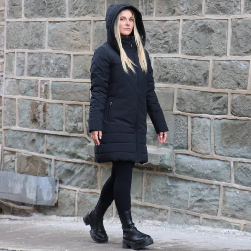 Our model wears the winter jacket ROCKIES black