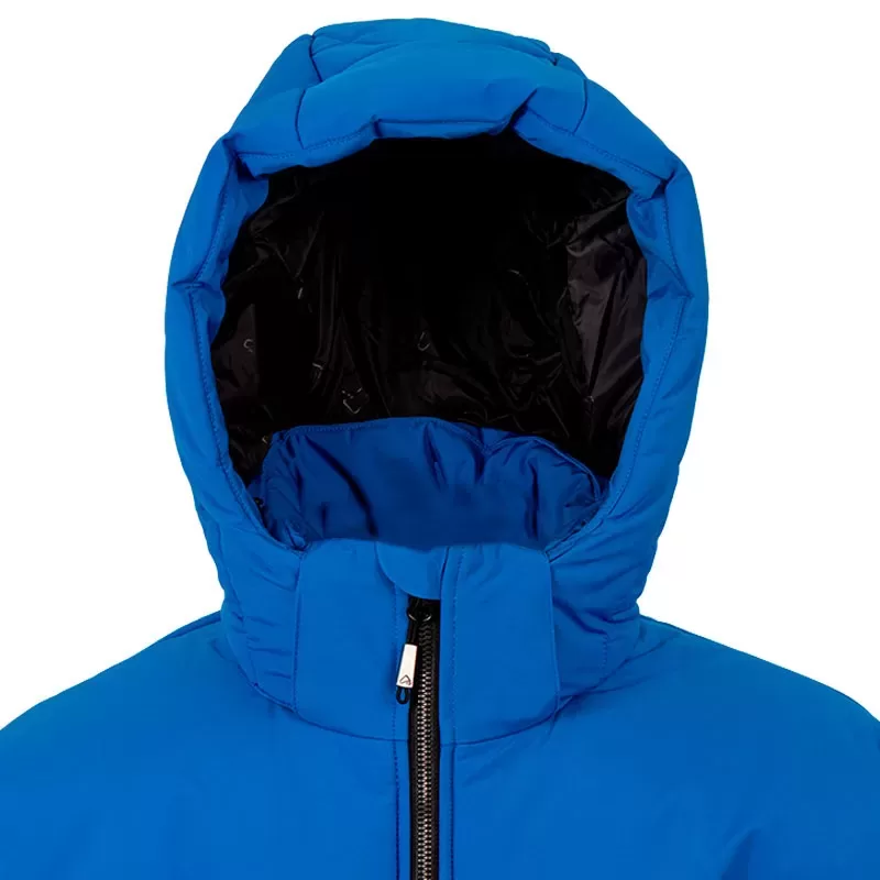 43739-MOGUL men's winter coat, royal blue, detail of the insulated hood and chin guard
